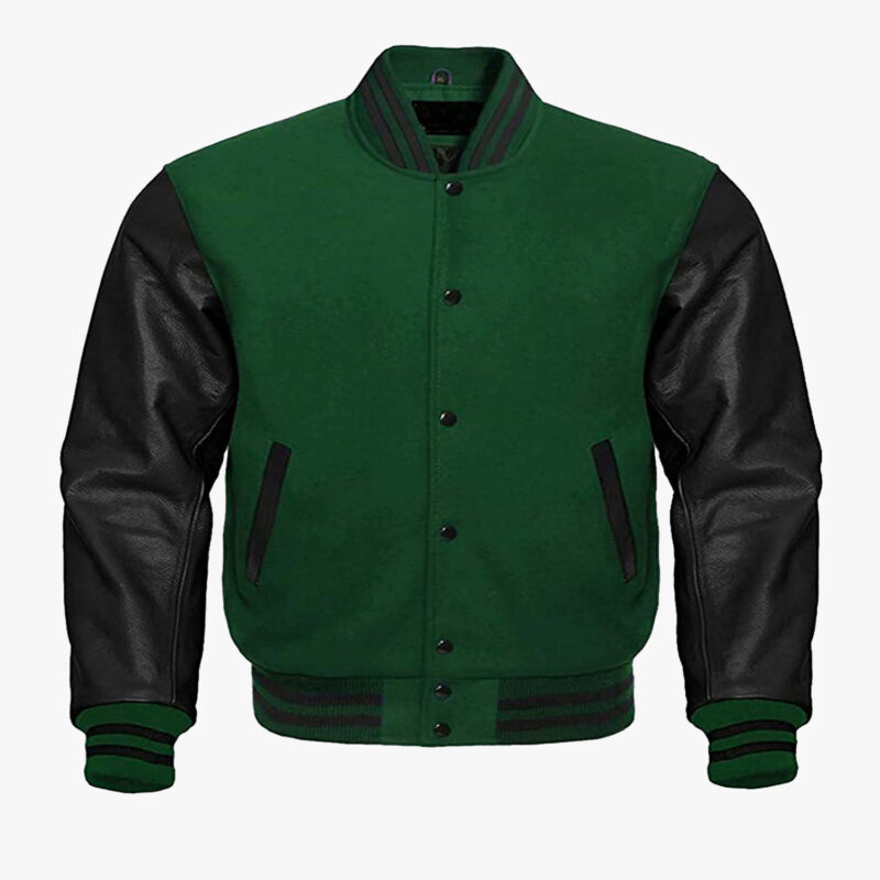 Customized Leather sleeve Varsity jackets in Green and Black colour 1
