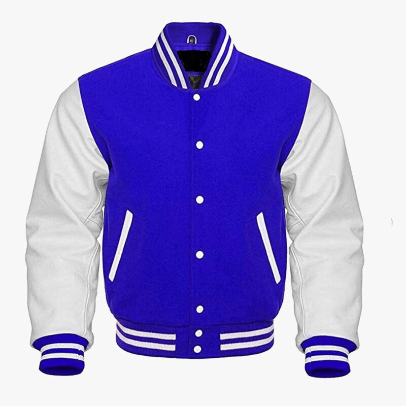 Leather sleeve Varsity jackets in Blue and White colour 1
