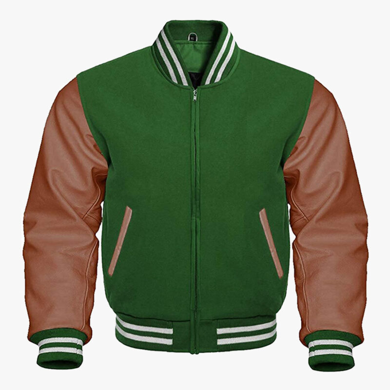 Leather sleeve Varsity jackets in Green and Brown colour 1