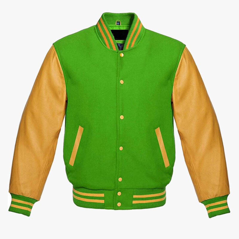 Leather sleeve Varsity jackets in Light Green and Yellow colour 1