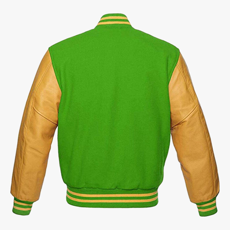 Leather sleeve Varsity jackets in Light Green and Yellow colour 2
