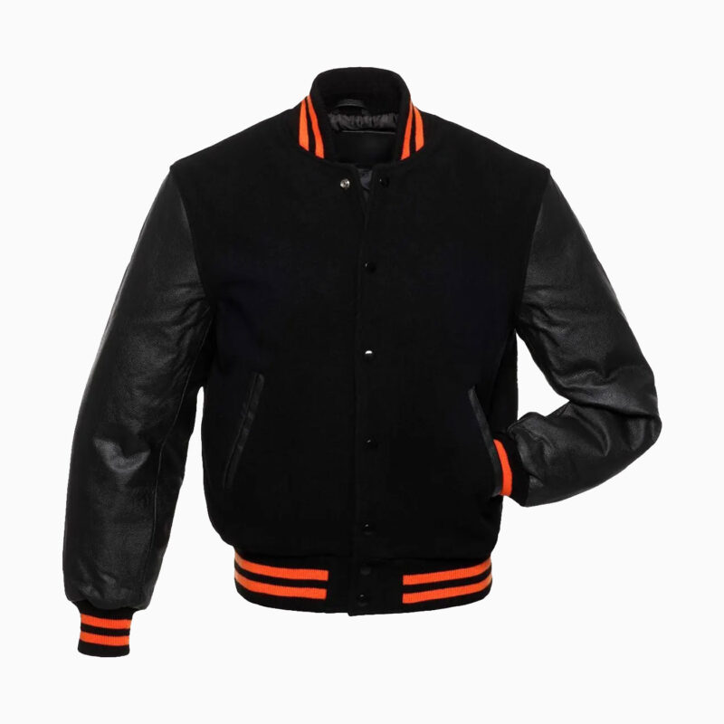 Black Wool Body & Black Leather Sleeves Varsity Jacket 1