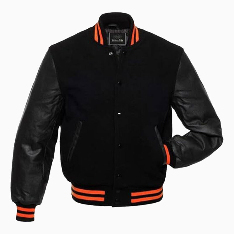 Wool Black Body & Black Leather Sleeves Varsity Jacket 1
