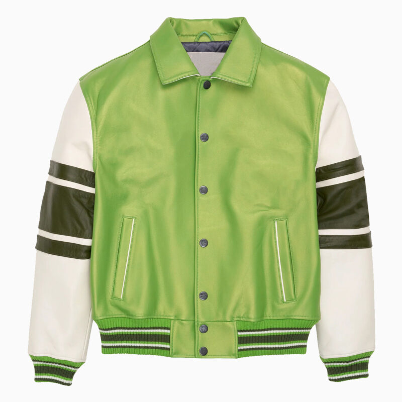 Leather Varsity Jacket Green White Sleeves 1