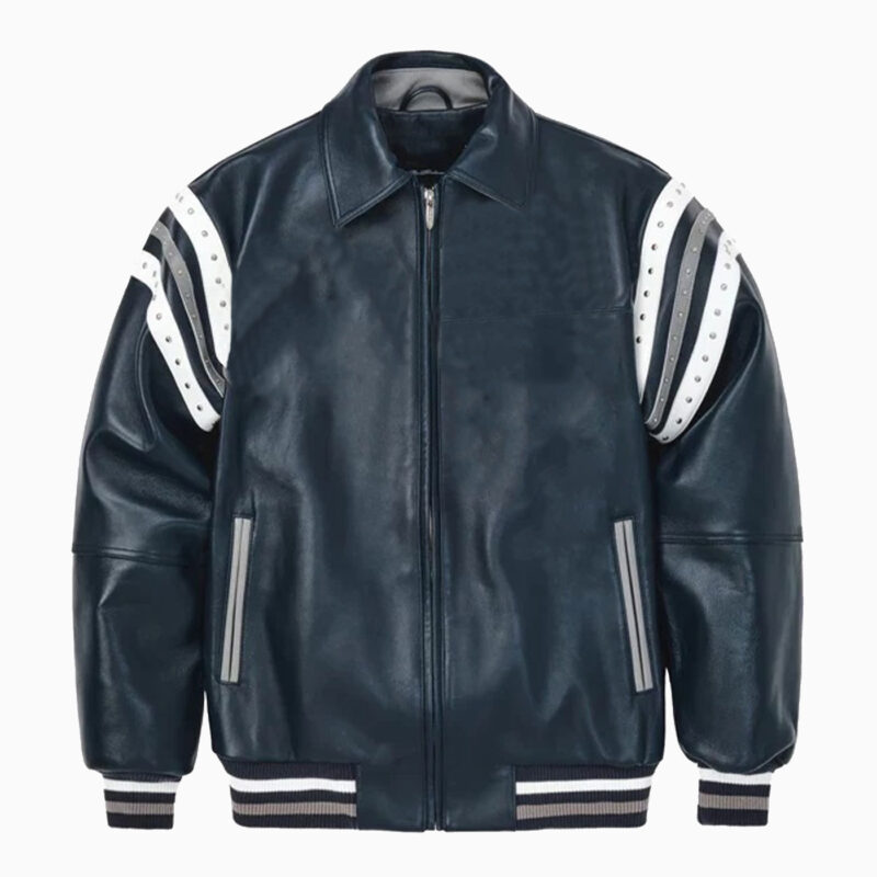 Leather Varsity Jacket Color Navy 1