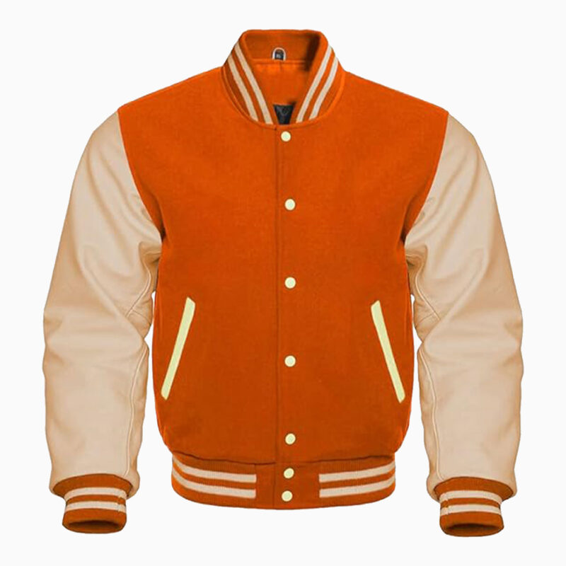 Letterman Base Ball Varsity Jacket College Retro Orange Wool Body And Cream Leather Sleeves Jacket 1