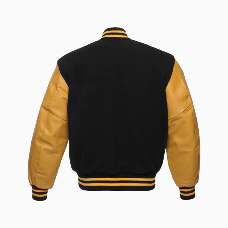 Mens Black Wool Body & Gold Leather Sleeves Varsity Jacket 3