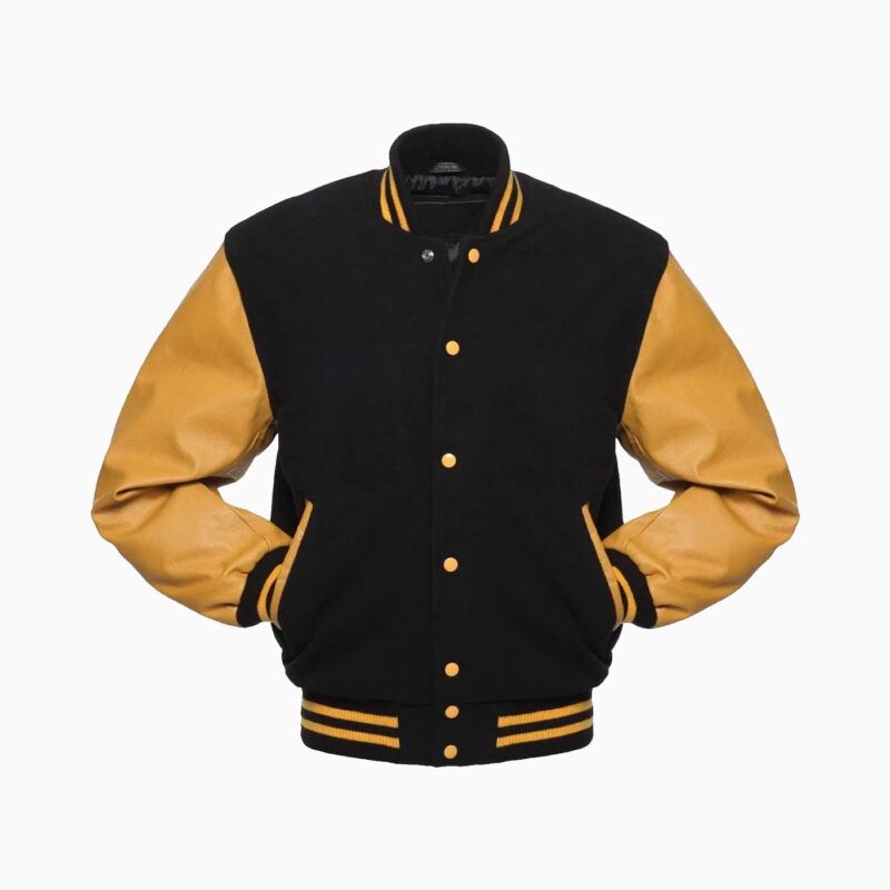Mens Black Wool Body & Gold Leather Sleeves Varsity Jacket 2