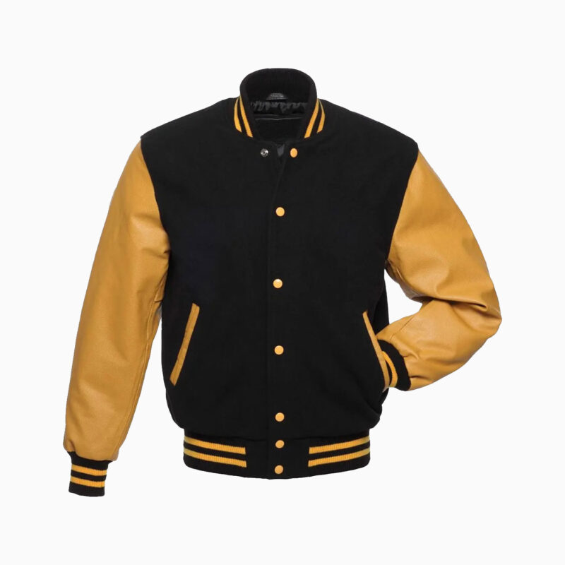 Mens Black Wool Body & Gold Leather Sleeves Varsity Jacket 1