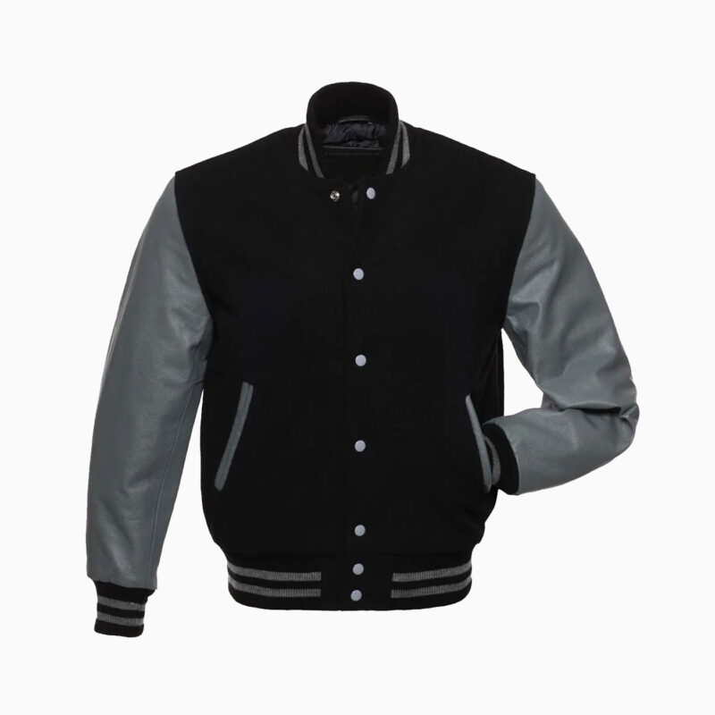 Mens Black Wool Body & Grey Leather Sleeves Varsity Jacket 1