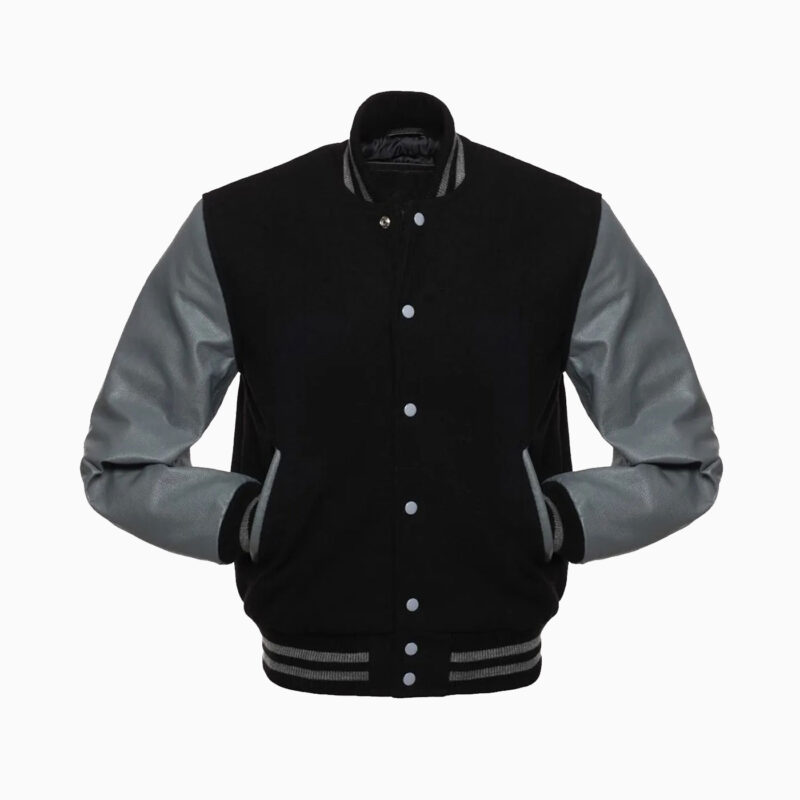 Mens Black Wool Body & Grey Leather Sleeves Varsity Jacket 2