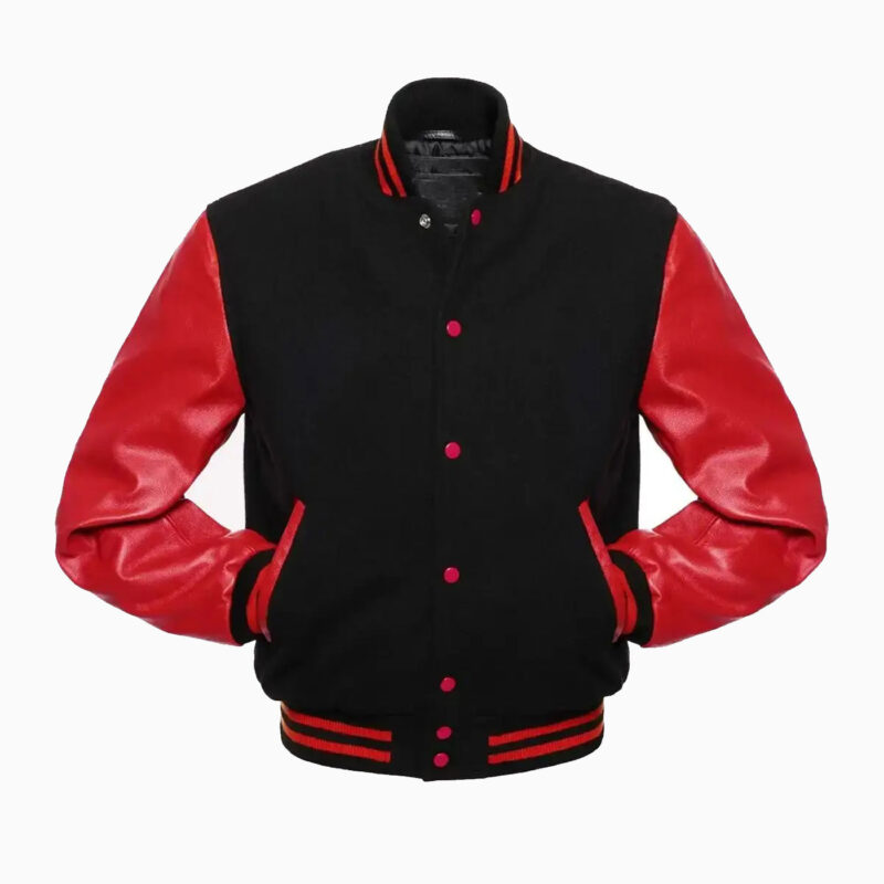 Mens Black Wool Body & Red Leather Sleeves Varsity Jacket 2