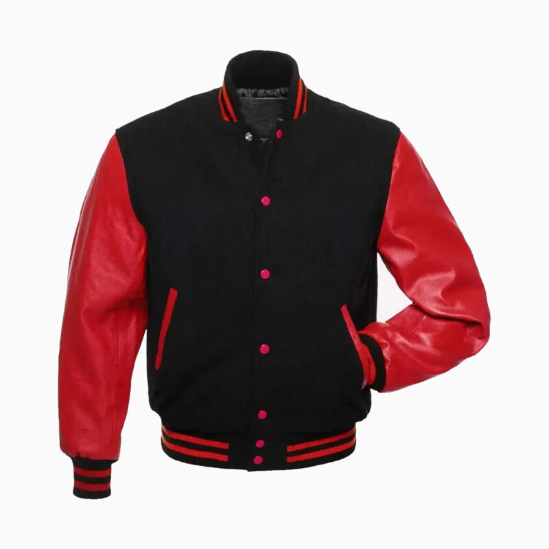 Mens Black Wool Body & Red Leather Sleeves Varsity Jacket 1