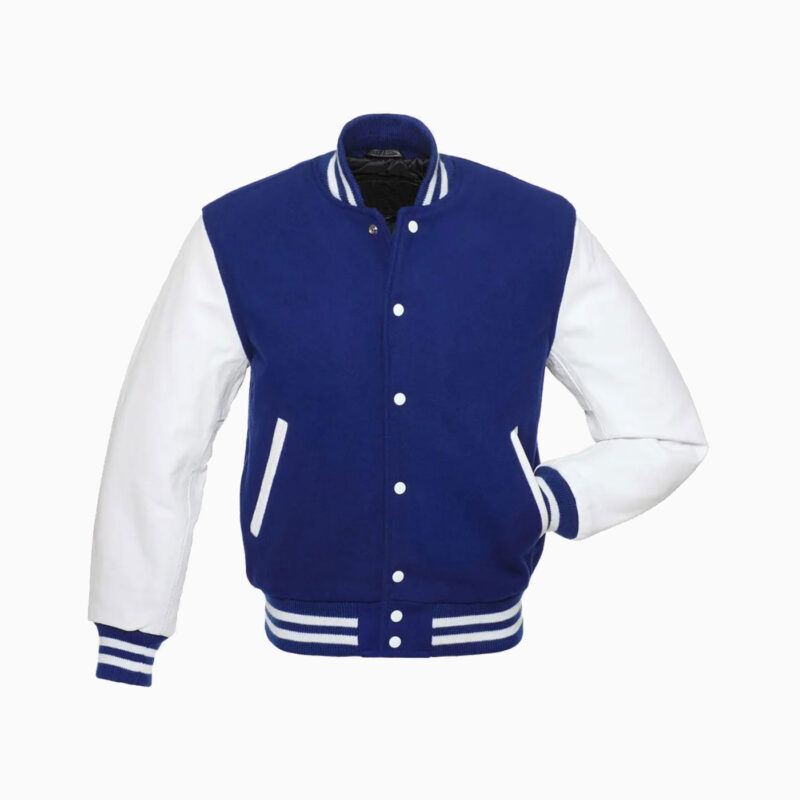 Mens Blue Wool Body & White Leather Sleeves Varsity Jacket 1