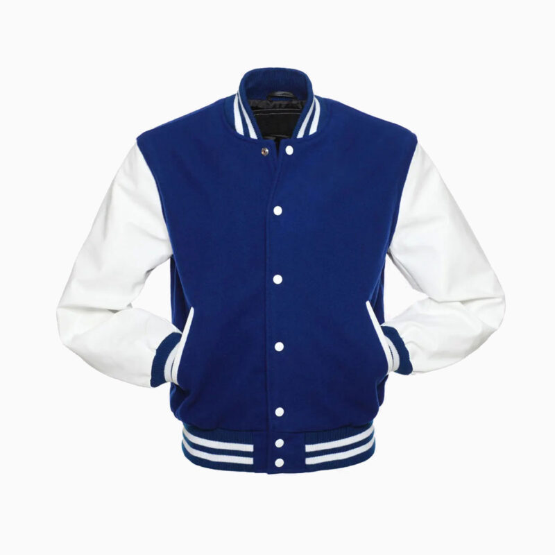 Mens Blue Wool Body & White Leather Sleeves Varsity Jacket 2
