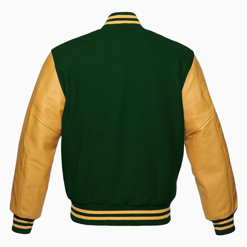 Mens Forest-green Wool Body & Golden Leather Sleeves Varsity Jacket 2