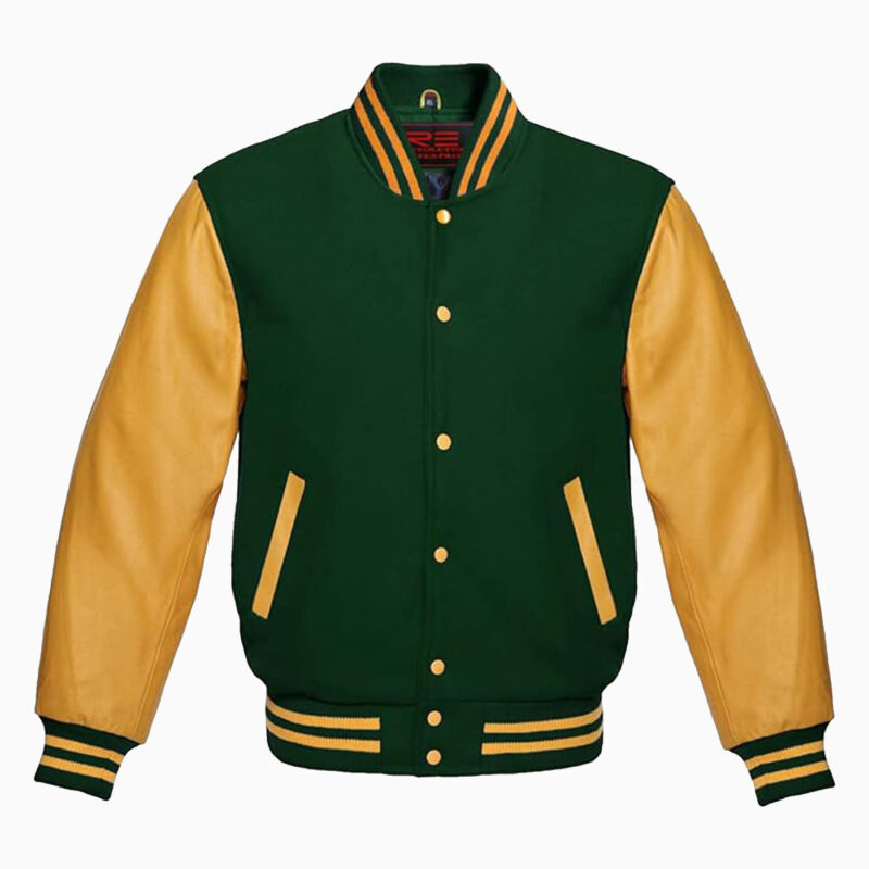 Mens Forest-green Wool Body & Golden Leather Sleeves Varsity Jacket 1