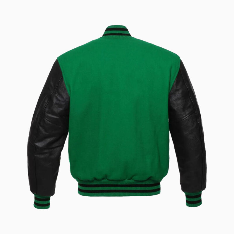 Mens Green Wool Body & Black Leather Sleeves Varsity Jacket 3