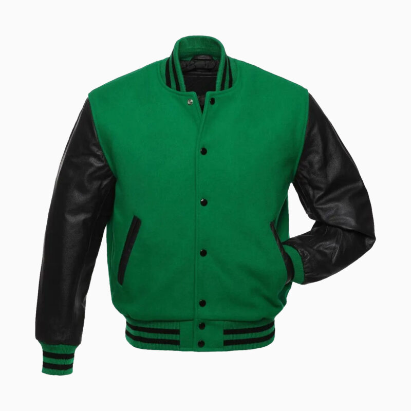 Mens Green Wool Body & Black Leather Sleeves Varsity Jacket 1