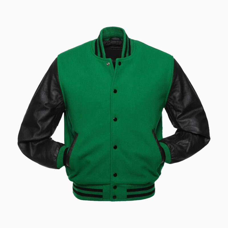 Mens Green Wool Body & Black Leather Sleeves Varsity Jacket 2