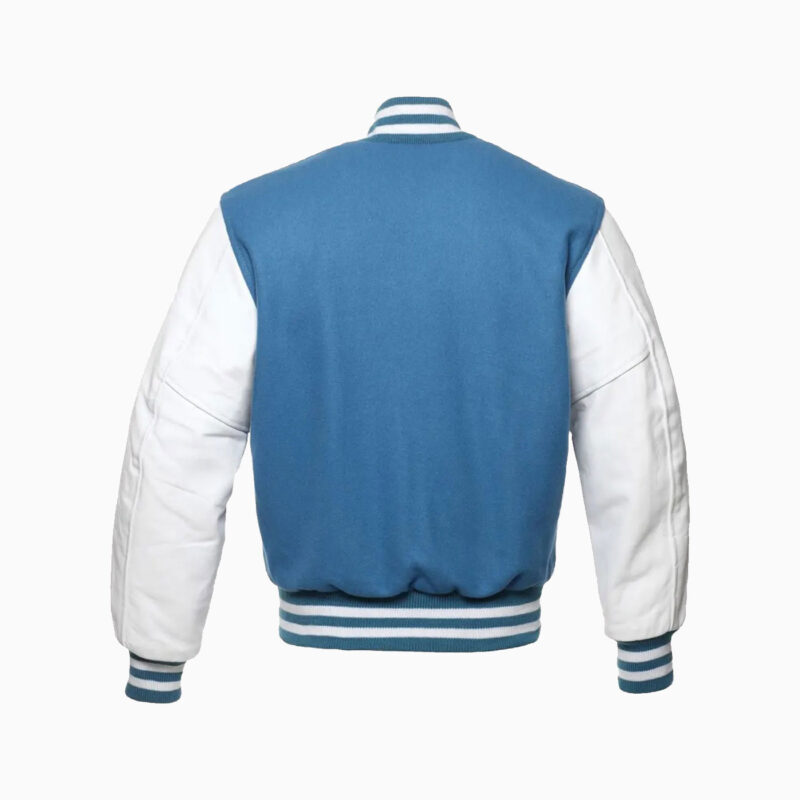 Mens Light Blue Wool Body & White Leather Sleeves Varsity Jacket 3