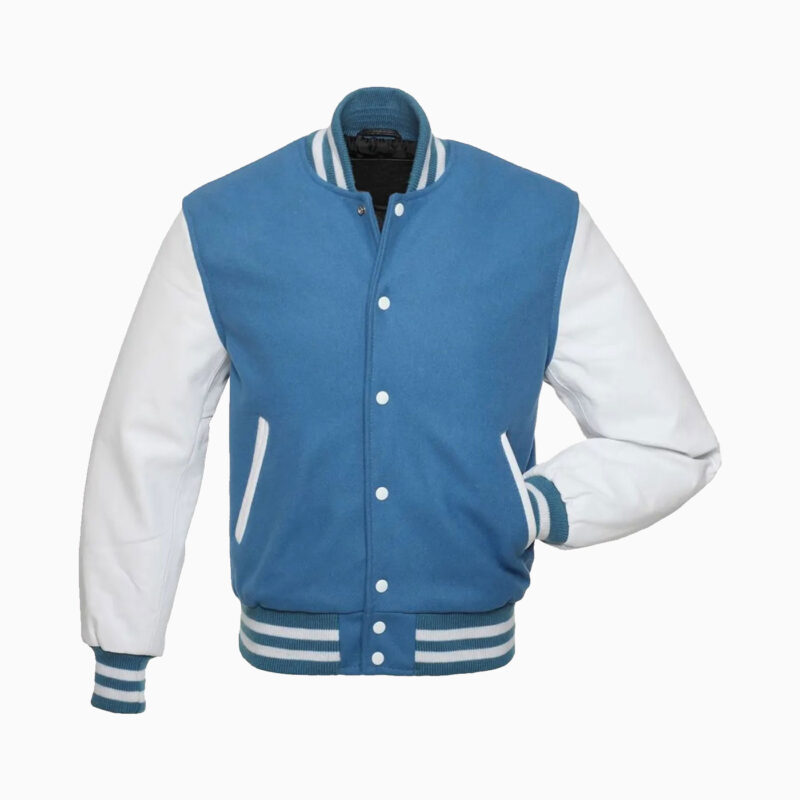 Mens Light Blue Wool Body & White Leather Sleeves Varsity Jacket 1