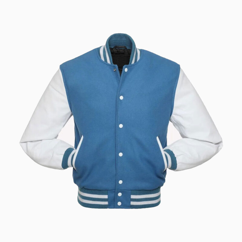Mens Light Blue Wool Body & White Leather Sleeves Varsity Jacket 2