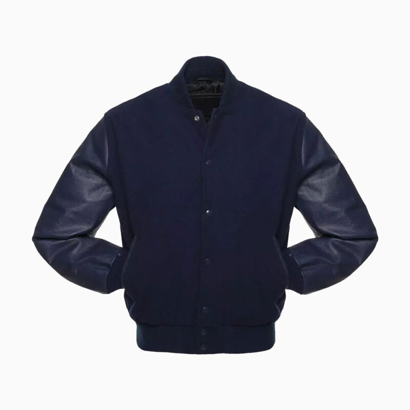 Mens Navy Blue Wool Body & Navy Leather Sleeves Varsity Jacket 2