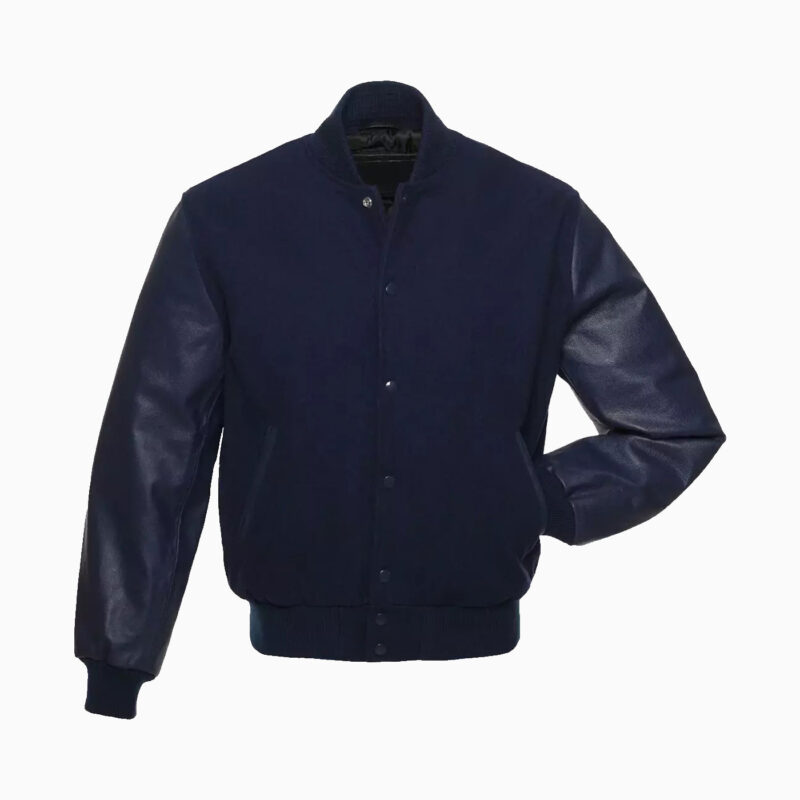 Mens Navy Blue Wool Body & Navy Leather Sleeves Varsity Jacket 1