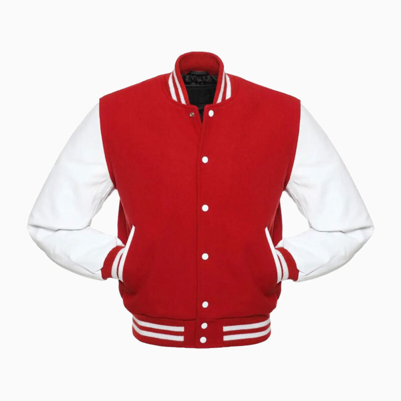 Mens Red Wool Body & White Leather Sleeves Varsity Jacket 2