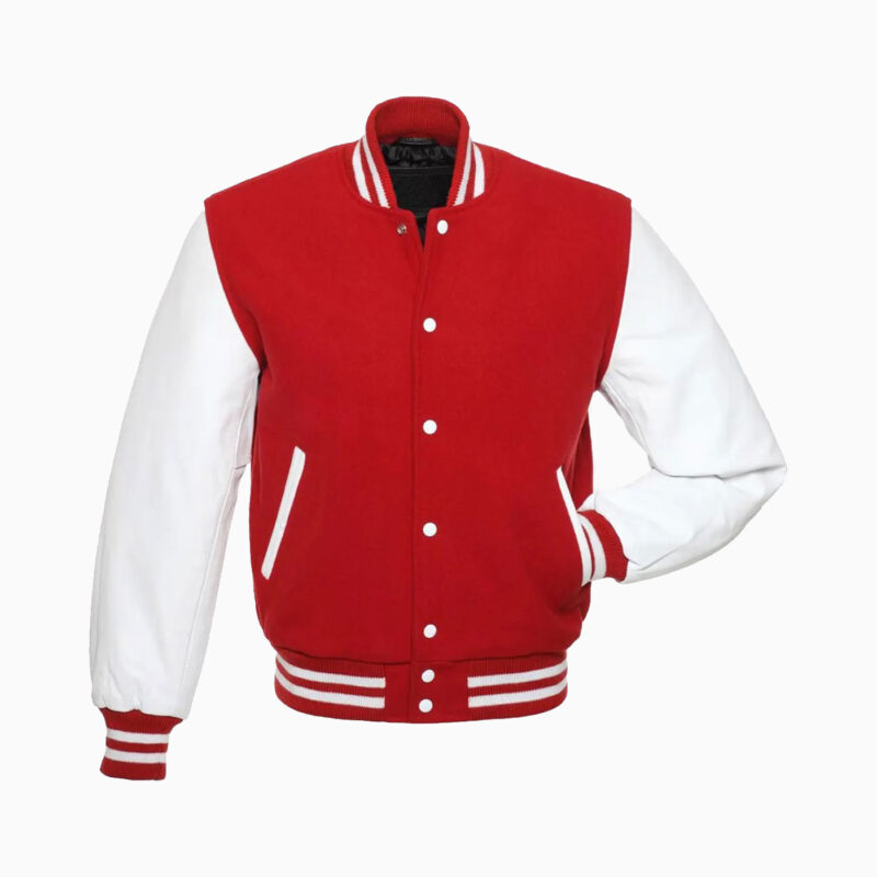 Mens Red Wool Body & White Leather Sleeves Varsity Jacket 1
