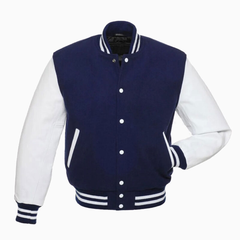 Mens Royal Blue Wool Body & White Leather Sleeves Varsity Jacket 1