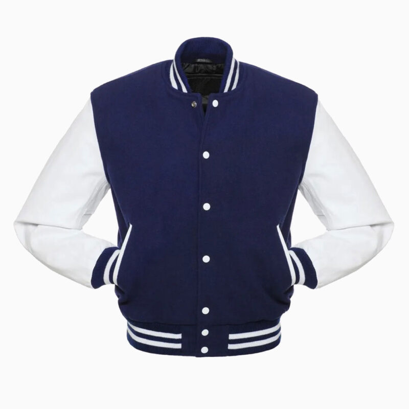 Mens Royal Blue Wool Body & White Leather Sleeves Varsity Jacket 2