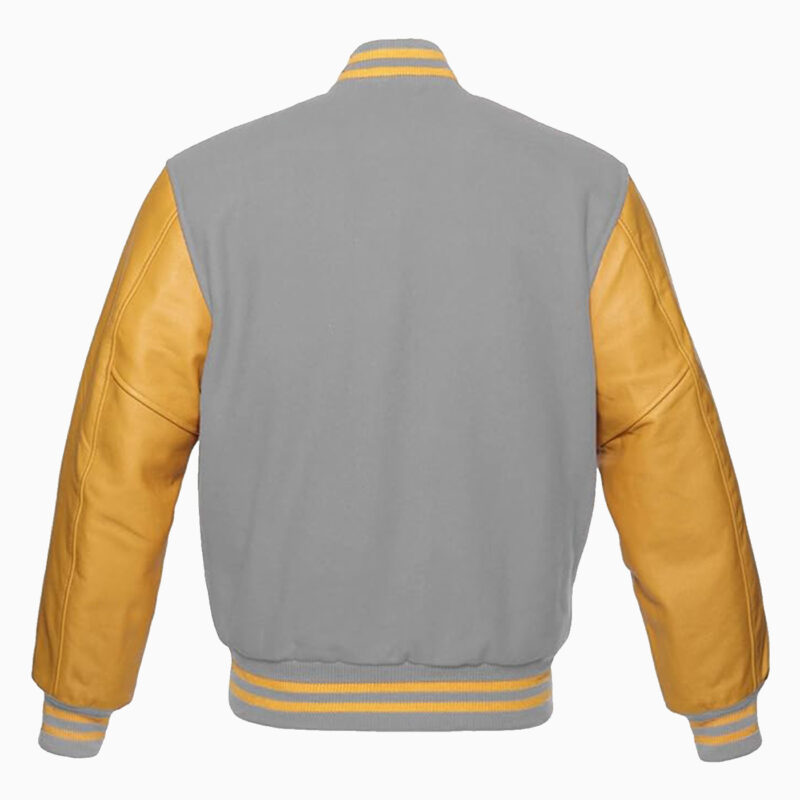 Mens Varsity Jacket grey Wool Body And Gold Leather Sleeves Jackets 2