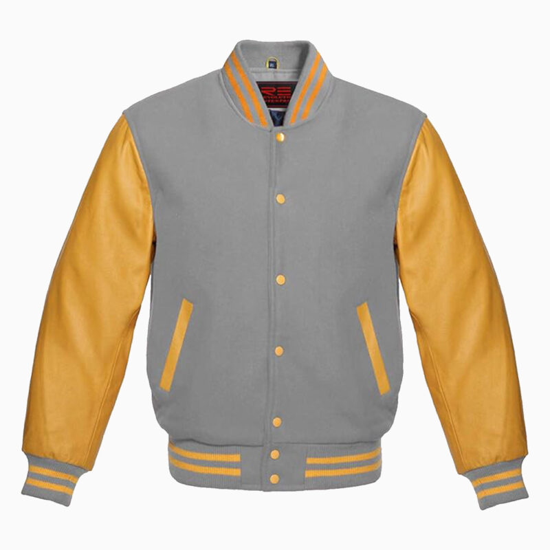 Mens Varsity Jacket grey Wool Body And Gold Leather Sleeves Jackets 1