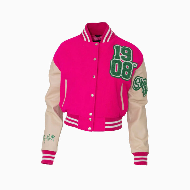 Pink Crop Leather Varsity Jacket 1