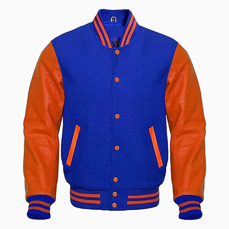 Premium Letterman Baseball School College Varsity Jacket Royal Blue Wool & Orange Cowhide Leather Sleeves 1