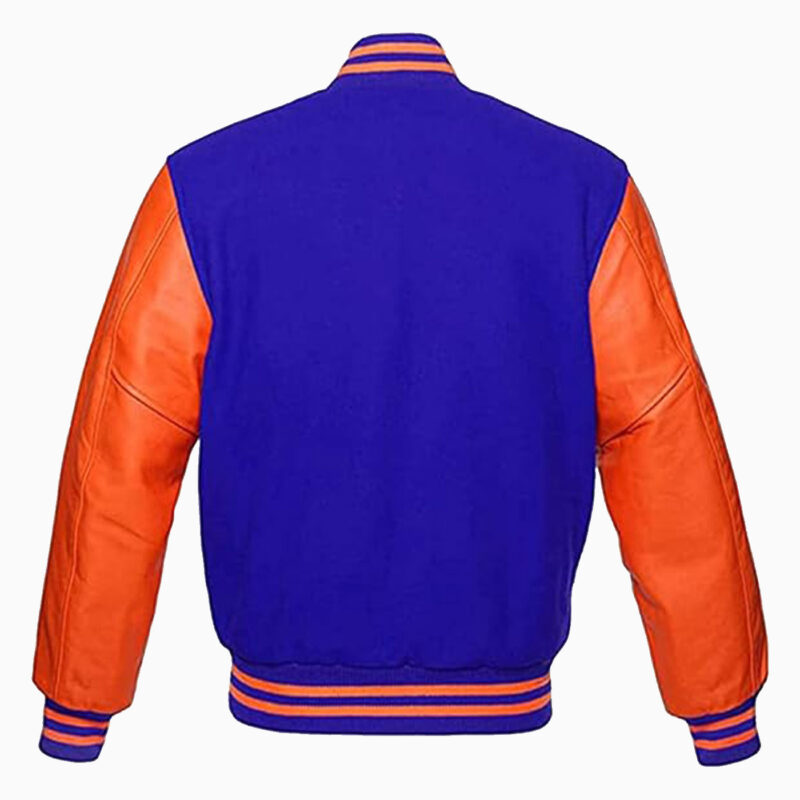 Premium Letterman Baseball School College Varsity Jacket Royal Blue Wool & Orange Cowhide Leather Sleeves 2