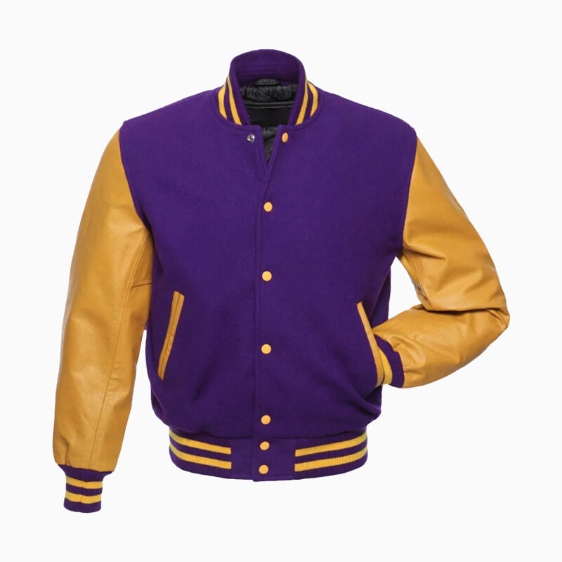 Purple Wool Body & Gold Leather Sleeves Varsity Jacket 1