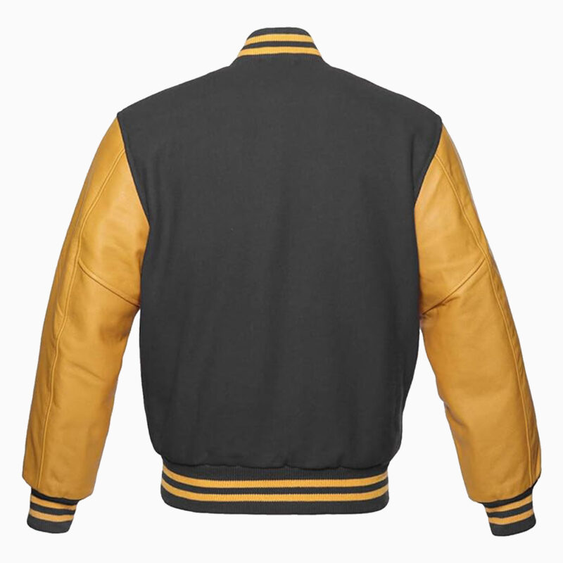 Varsity Jacket Letterman Baseball College Jacket Fashion Dark-grey Wool Body And Gold Leather Sleeves Jackets 2