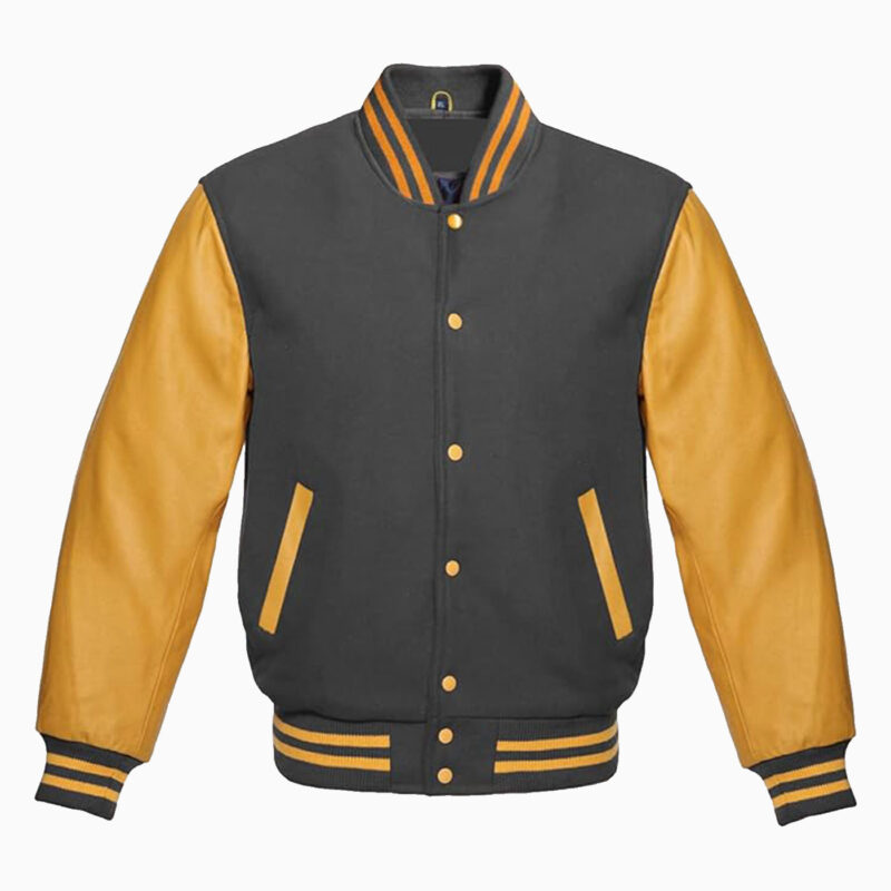 Varsity Jacket Letterman Baseball College Jacket Fashion Dark-grey Wool Body And Gold Leather Sleeves Jackets 1