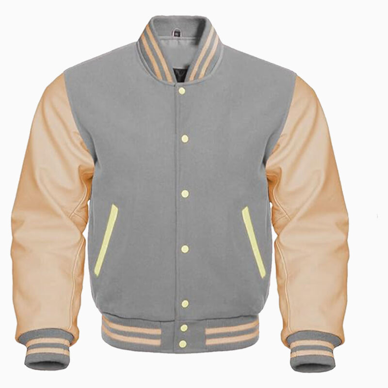 Varsity Jacket Letterman Baseball College Jacket Fashion Grey Wool Body And Cream Leather Sleeves Jackets 1