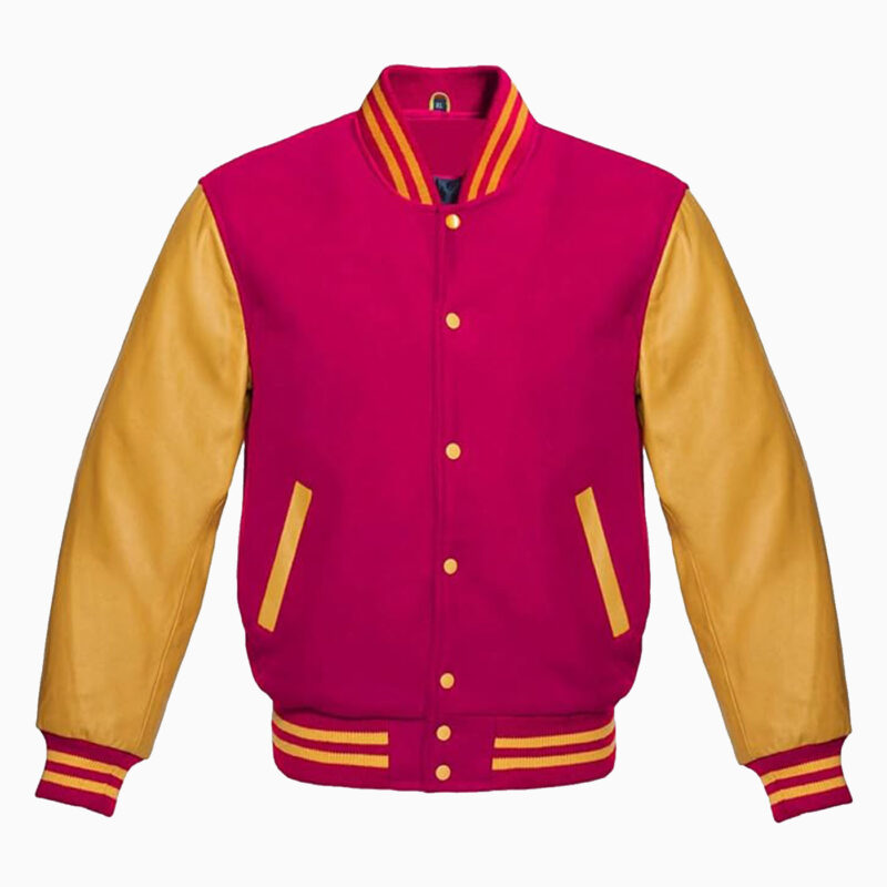 Varsity Jacket Letterman Baseball College Jacket Fashion Hot-Pink Wool Body And Gold Leather Sleeves Jackets 1