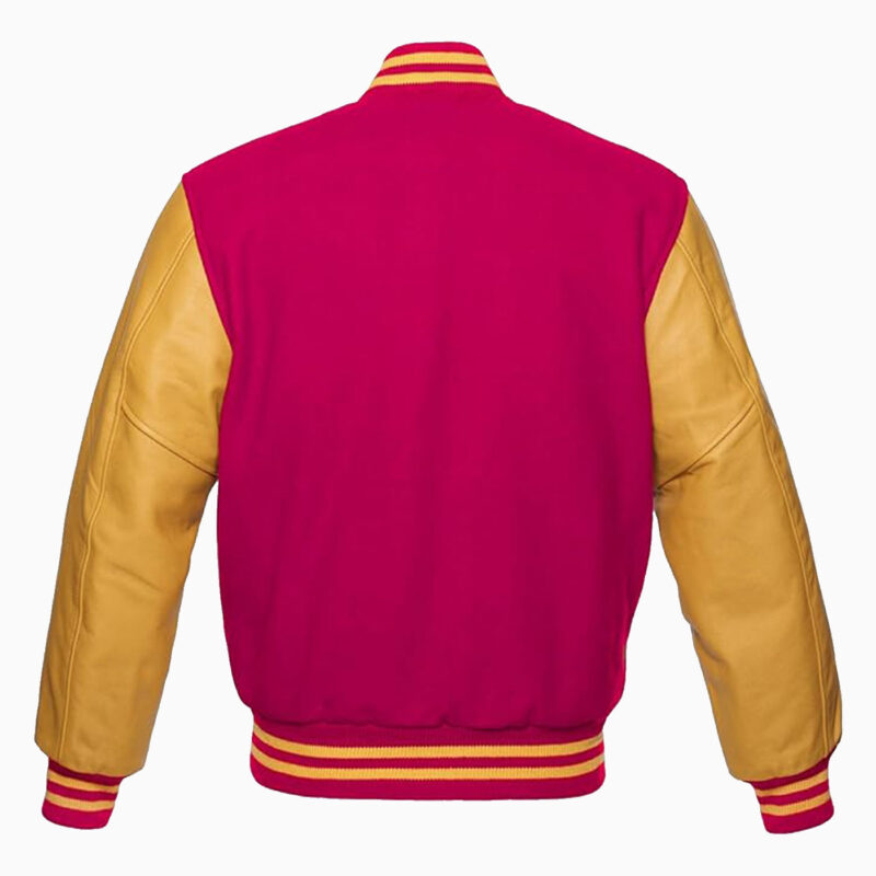 Varsity Jacket Letterman Baseball College Jacket Fashion Hot-Pink Wool Body And Gold Leather Sleeves Jackets 2