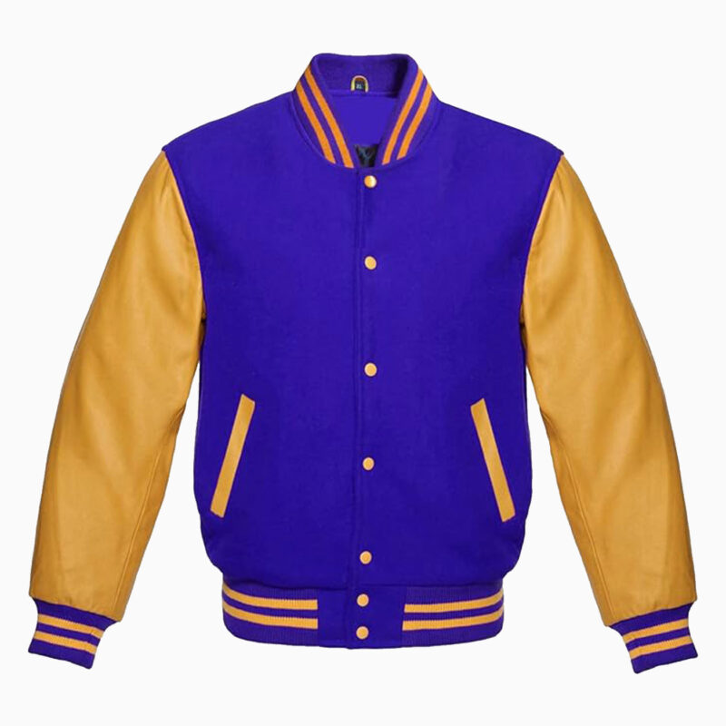 Varsity Jacket Letterman Baseball College Jacket Fashion Royal-blue Wool Body And Gold Leather Sleeves Jackets 1