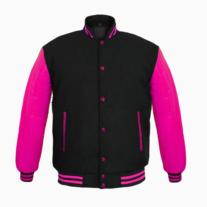 Varsity Jackets Genuine Leather Sleeve And Wool Body Black/Pink 1