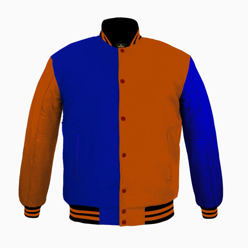 Varsity Jackets Genuine Leather Sleeve And Wool Body Blue Orange 1