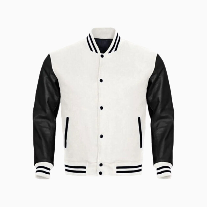 White Wool Body & Black Leather Sleeves Varsity Jacket 1