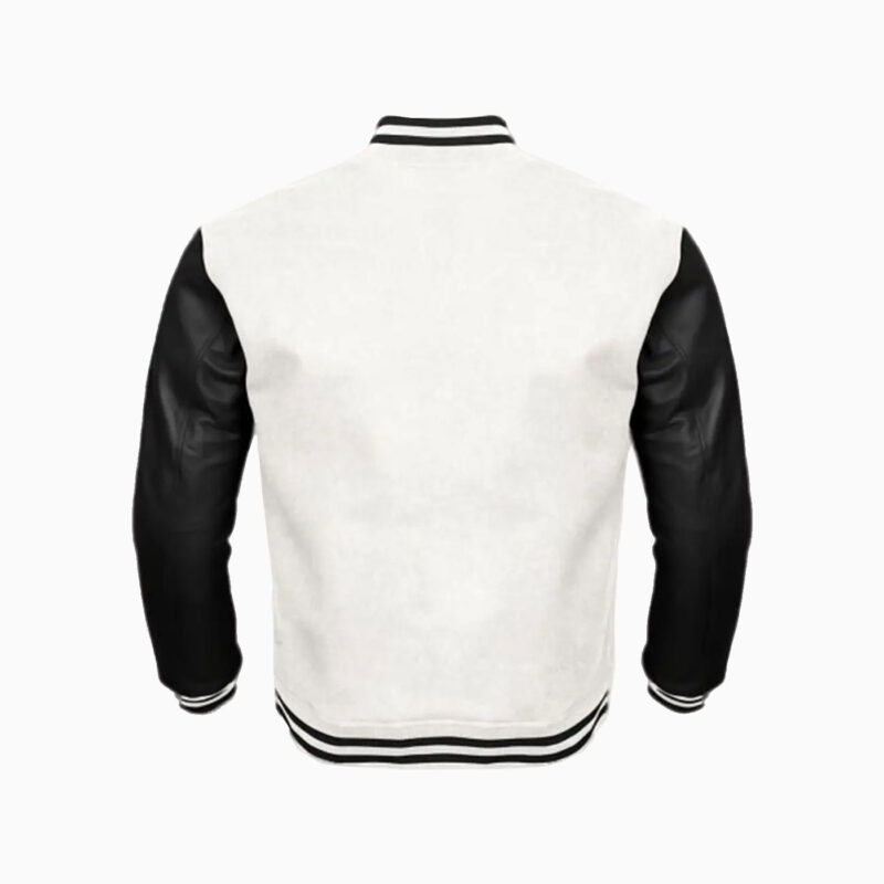 White Wool Body & Black Leather Sleeves Varsity Jacket 2