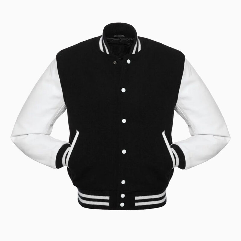 Womens Black Wool Body & White Leather Sleeves Varsity Jacket 2